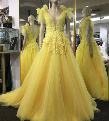 Yellow v neck tulle lace prom dress evening dress HZ1023